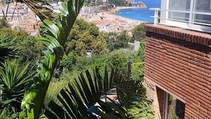 Une vue sur la côte depuis un balcon agrémenté d’un mur en briques, d’une fenêtre et de plantes tropicales.