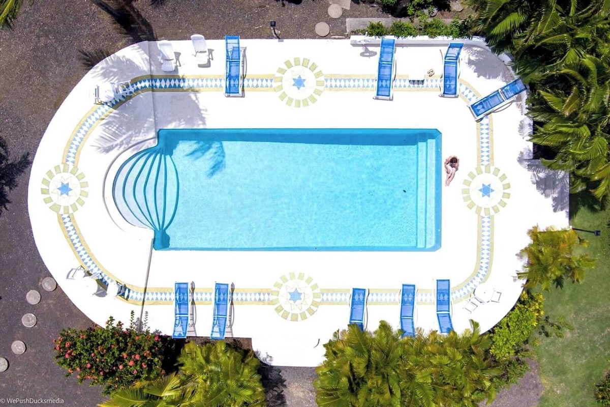 Vista aérea de una piscina rectangular con agua azul, rodeada por una terraza blanca con sillas y tumbonas azules.