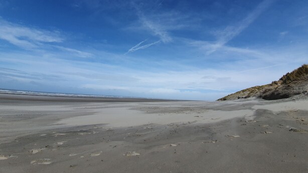 En strand med en bred sandstrand och en klar himmel.