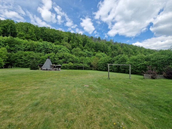 Un champ herbeux avec une petite construction en bois et un but de football.