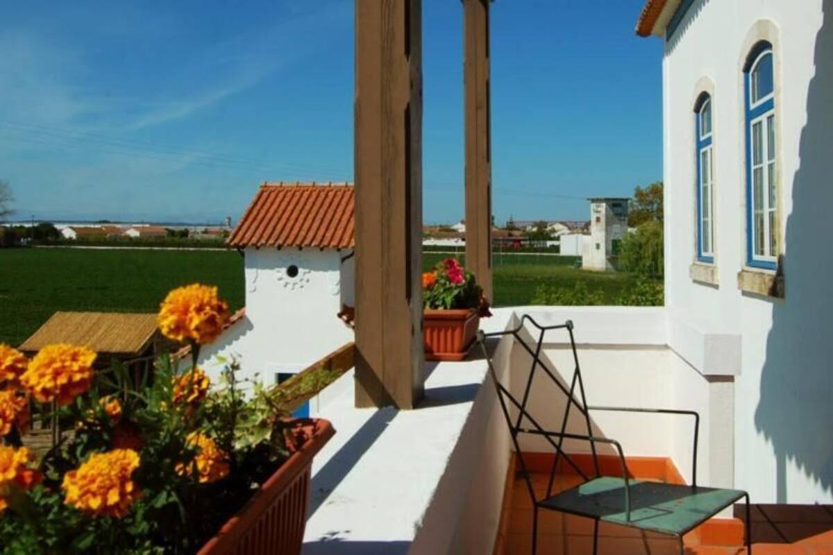 A white building with a red-tiled roof, a balcony with a chair, and a flower bed with yellow flowers.