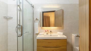 Ducha, bidet, toallas, papel higiénico