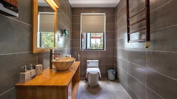 Un baño moderno con tocador de madera, un espejo grande, un lavabo tipo recipiente, un inodoro y una ventana.