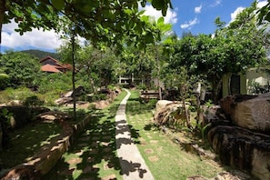 A pathway leading through a lush garden with a house in the background.