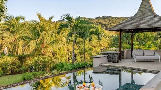 Una piscina limpida con un gazebo e zona relax all'aperto, circondata da vegetazione lussureggiante e palme.