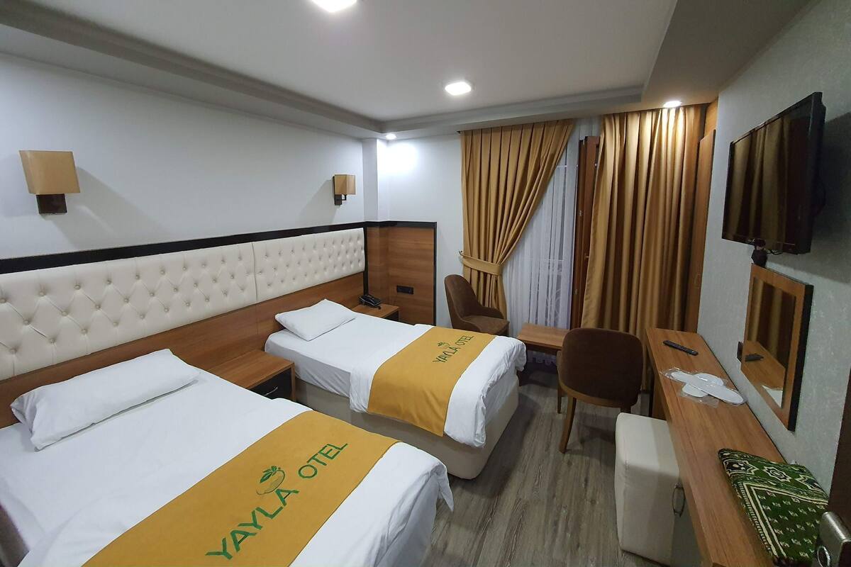 Une chambre d’hôtel avec deux lits, un bureau, une chaise, une télévision et une fenêtre avec des rideaux.
