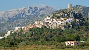 Ein Dorf an einem Hang mit Häusern, einem Turm und Bergen im Hintergrund.