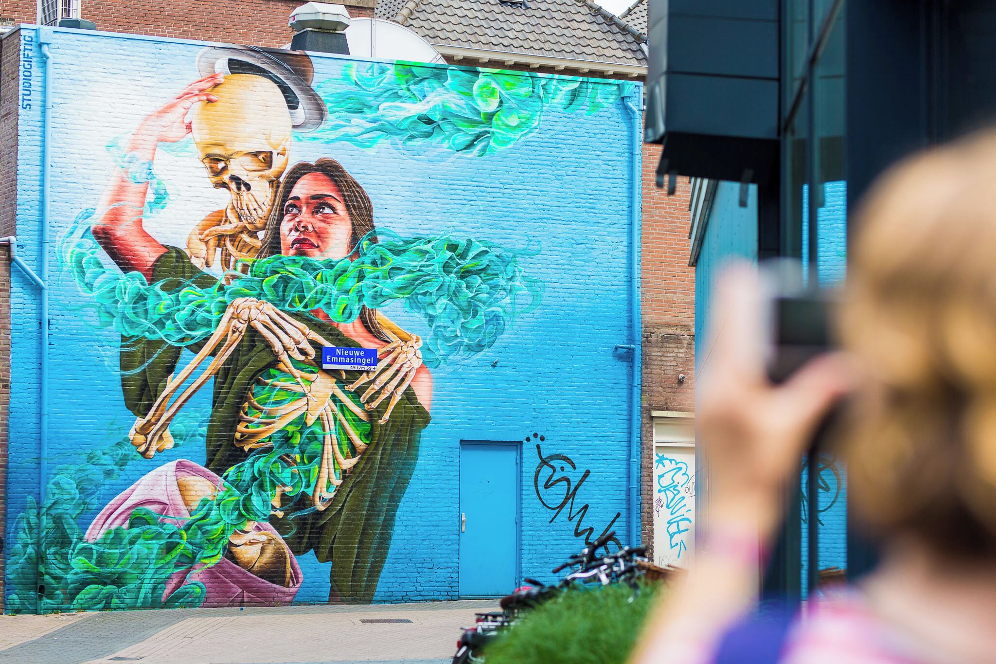 Une fresque sur un mur bleu représentant un squelette et des feuilles vertes.