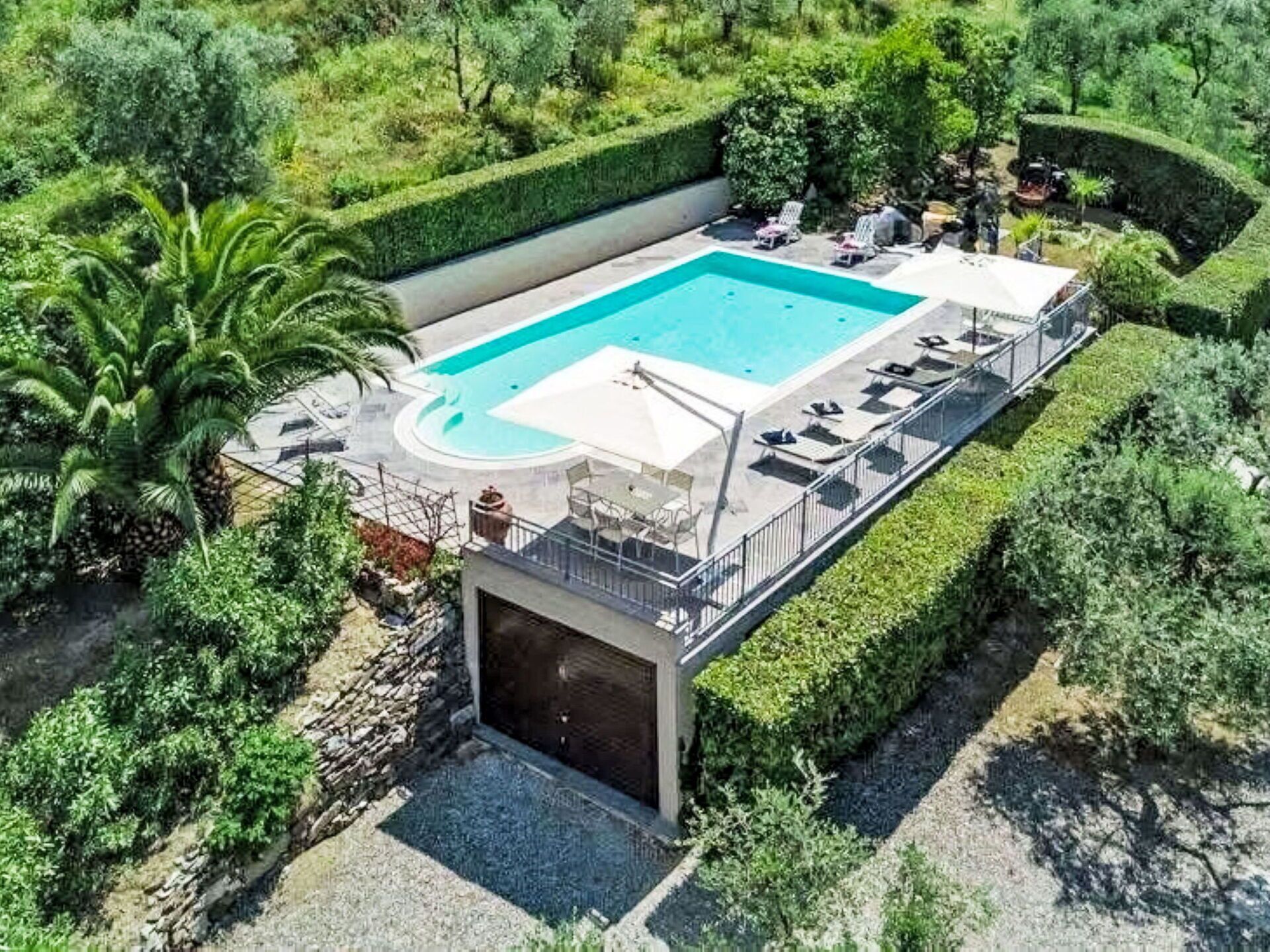 En pool på taget med solterrasse, omgivet af grønt.