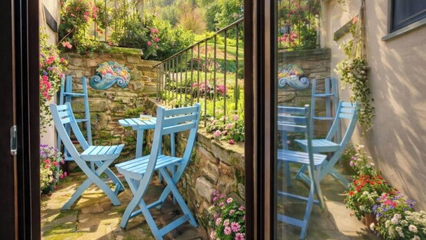 A garden patio with blue chairs and a table, surrounded by stone walls and flowering plants.