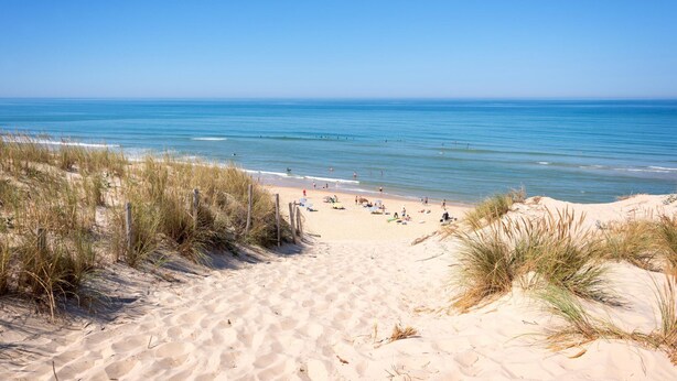 Une plage avec un sentier sablonneux menant à l’eau, entourée de dunes.