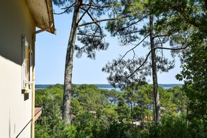 Ein Gebäude mit Blick auf einen Wald und ein Gewässer.