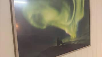 Un cuadro enmarcado de la aurora boreal en una pared.