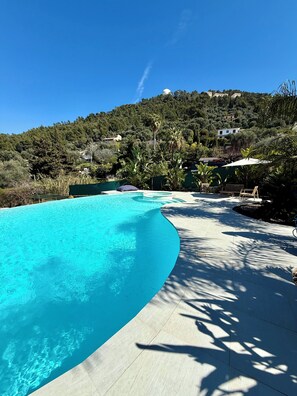 Ein Pool mit gewölbter Kante, umgeben von einer Terrasse mit Blick auf einen Hang mit Häusern.