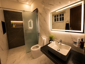 Regadera, secadora de cabello, toallas, jabón 