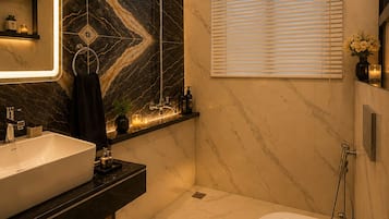 Shower, hair dryer, towels, soap