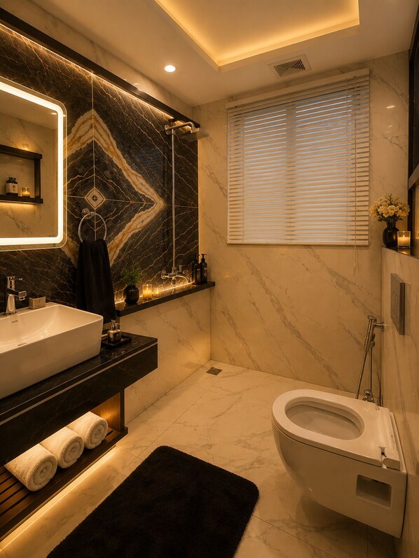 Een moderne badkamer met een groot wastafel, spiegel en douche.