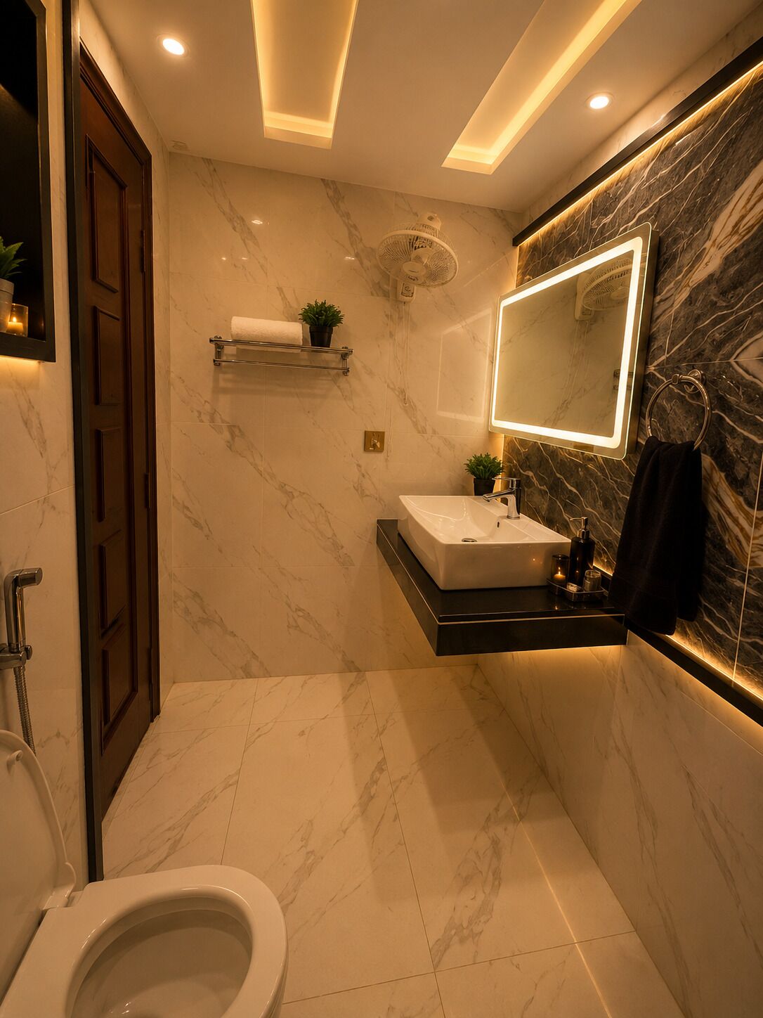 A bathroom with a marble floor, a white sink, a mirror with a light, and a towel rack.