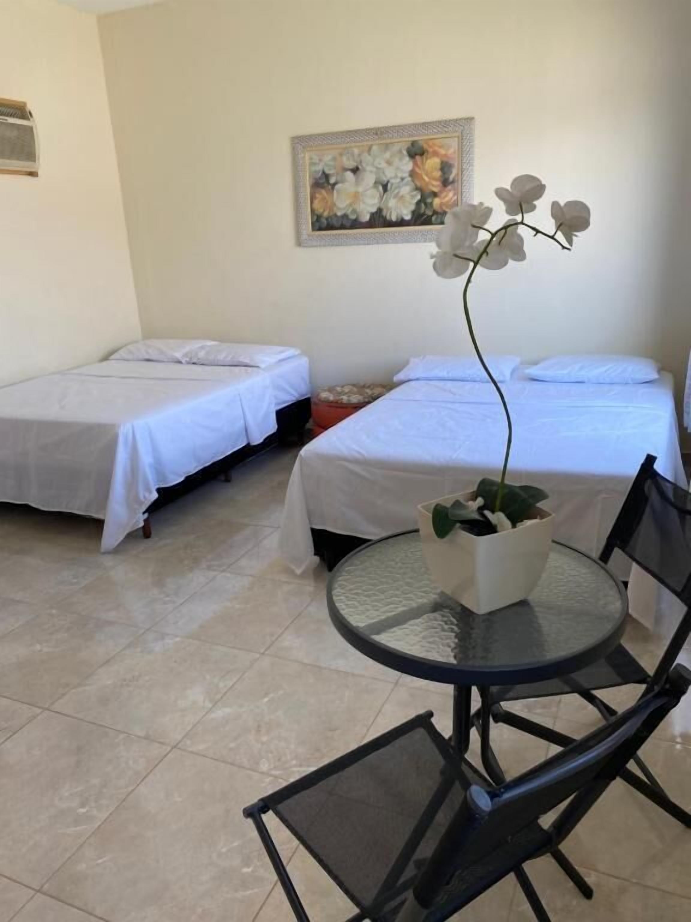 Een hotelkamer met twee enkele bedden, een ronde tafel met een stoel, een potplant en een schilderij aan de muur.