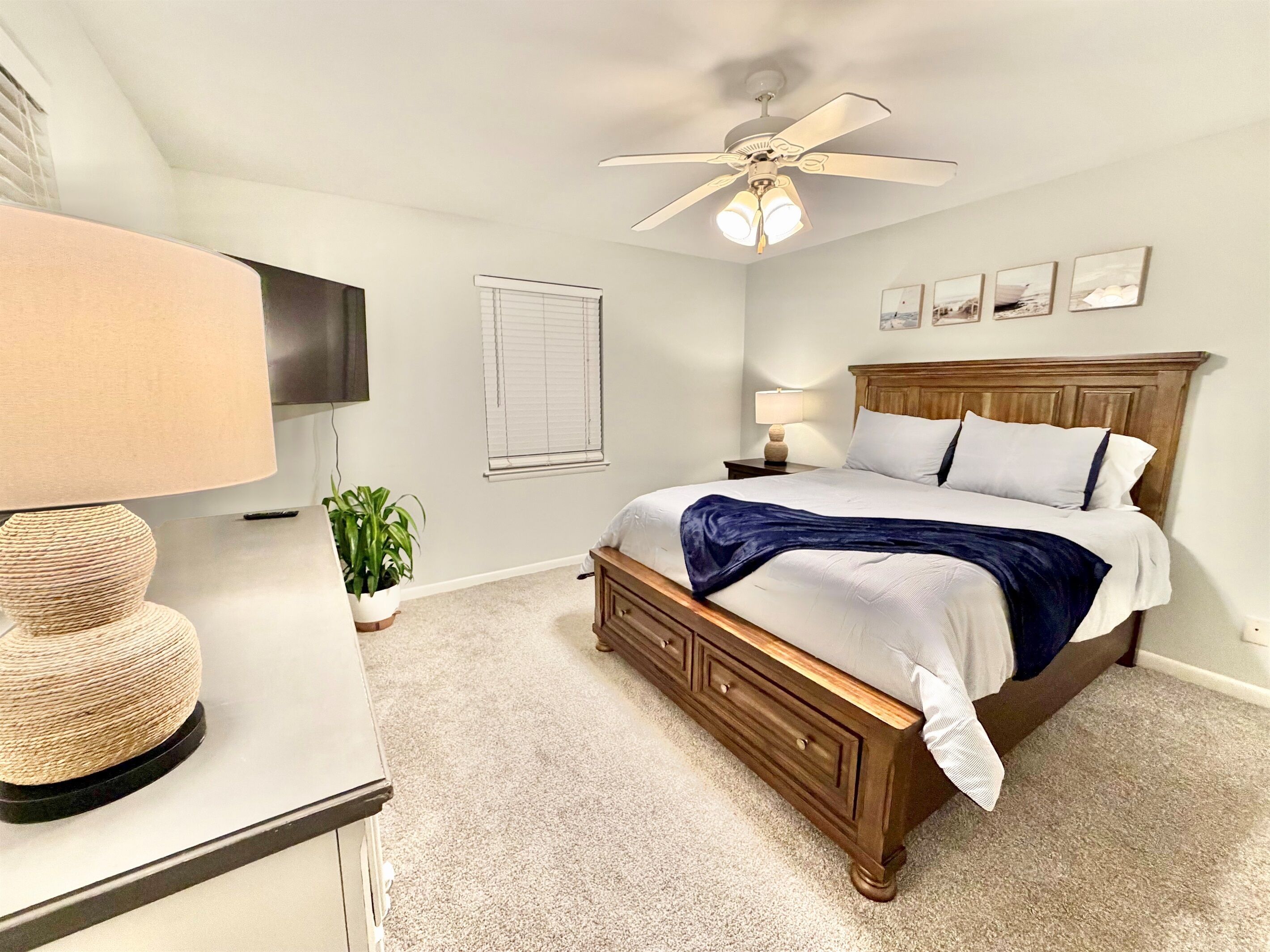Ein Schlafzimmer mit einem Bett, einem Deckenventilator, einem Fernseher, einer Lampe, einer Pflanze und einem Fenster.