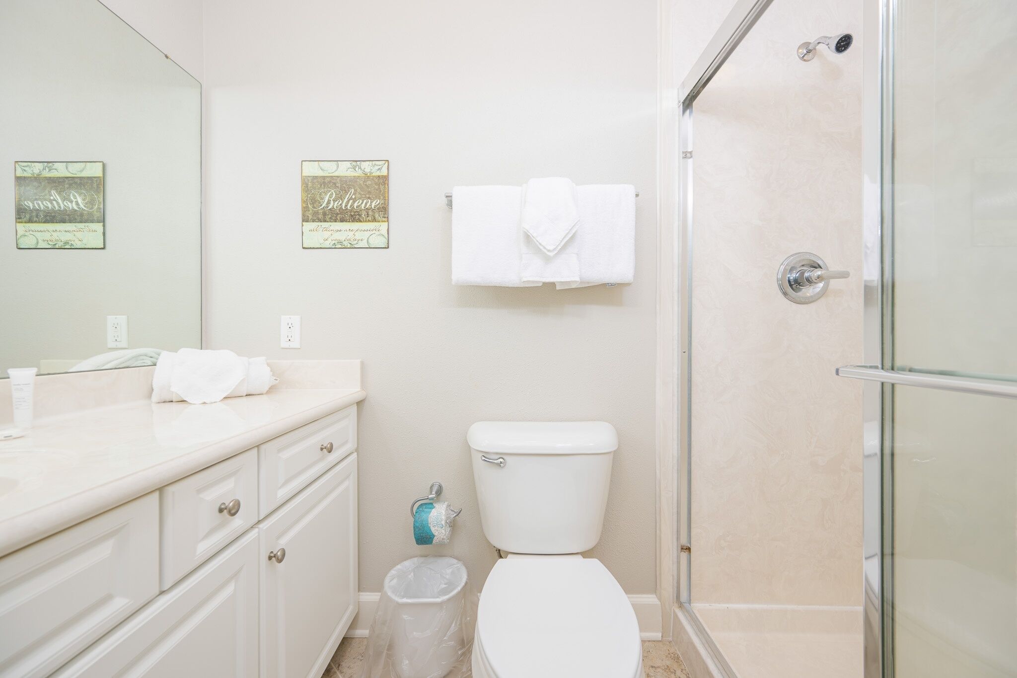 A bathroom with a toilet, a glass shower enclosure, a sink with a mirror, and two wall-mounted towel racks.