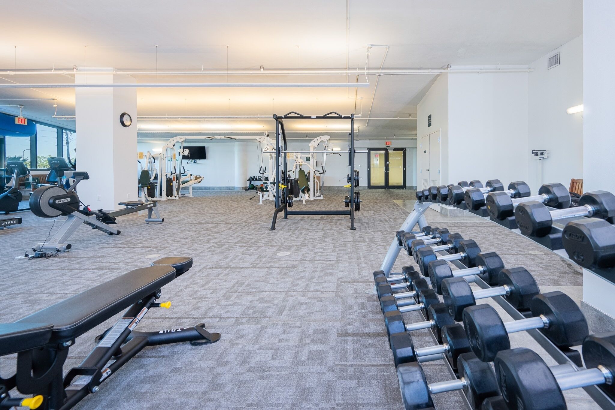 A gym with various exercise equipment, including dumbbells, benches, and weight machines.