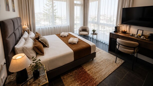 Una habitación de hotel moderna con una cama grande, un escritorio con televisor de pantalla plana y vistas al exterior.