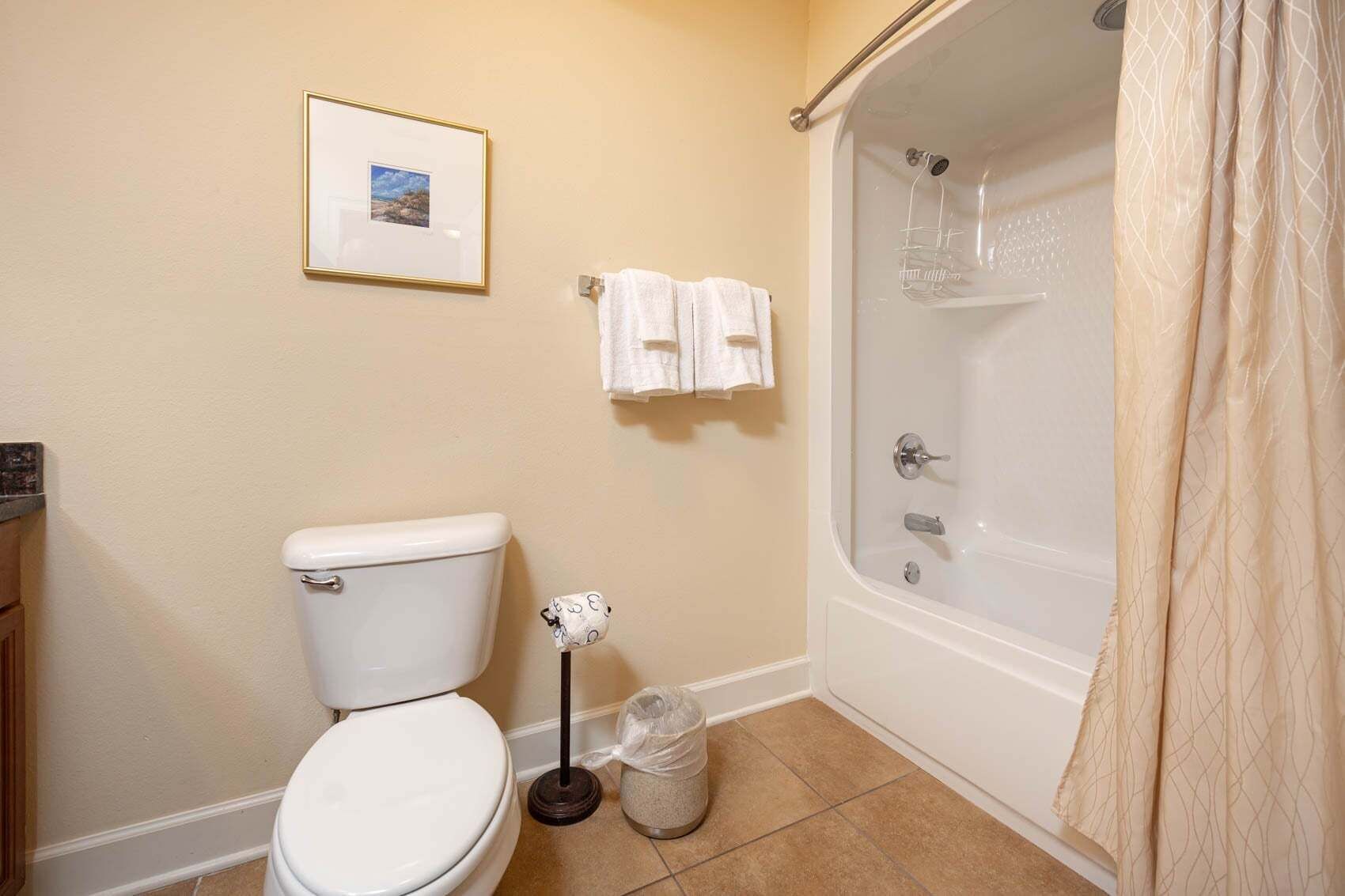 A bathroom with a toilet, a bathtub, a shower, a framed picture on the wall, and a trash can.