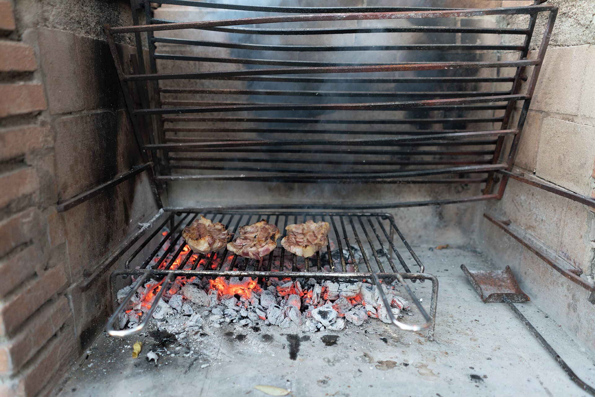 A grill with meat being cooked over charcoal.