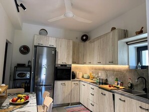 Eine moderne Küche mit einem Edelstahlkühlschrank, Holzschränken, einer Arbeitsplatte mit diversen Gegenständen und einem Deckenventilator.