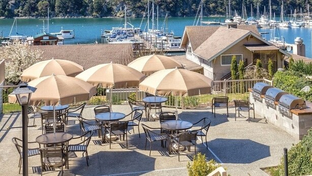 Vista costera con terraza al aire libre, un puerto deportivo y una ladera boscosa.