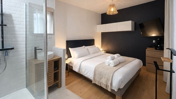 A modern hotel room with a bed, bedside table, TV, and a shower area. - Charming apartment in the heart of the city center – 2 guests (Angers)