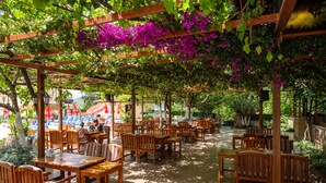 An outdoor café with wooden tables and chairs, covered by a wooden pergola with purple flowers. - Gokcen Hotel & Aparments (Fethiye)