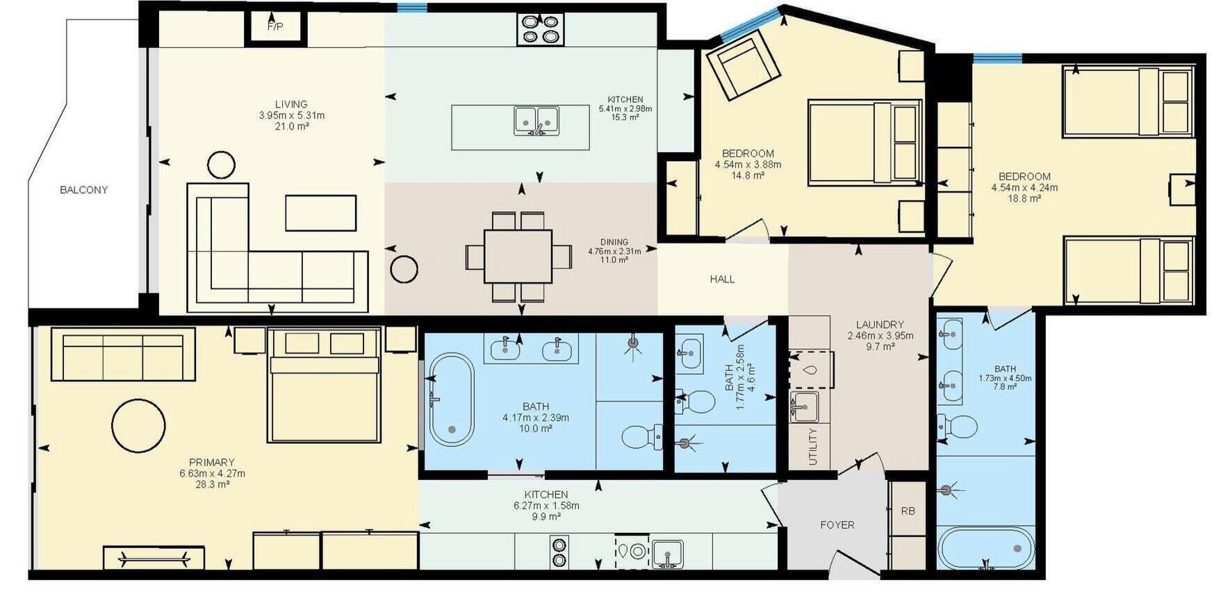 Ein Grundriss mit Wohnzimmer, Küche, Essbereich, zwei Schlafzimmern, einem Badezimmer, einem Hauswirtschaftsraum, einer Diele und einem Balkon.