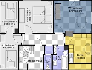 Ein Grundriss mit drei Schlafzimmern, einem Wohnzimmer, einem Badezimmer, einer Toilette, einer Treppenhaus und einer Küche.