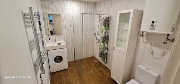 Shower, hair dryer, towels, soap