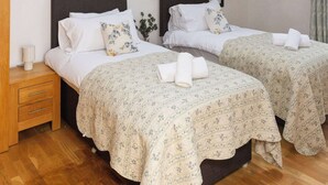 Camera da letto con due letti, travi in legno, lucernari, un comodino e uno specchio.