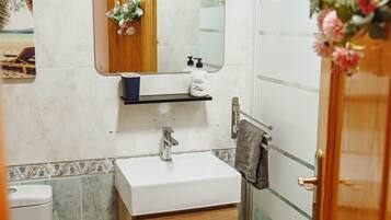 Secador de cabelo, toalhas de banho, papel higiênico