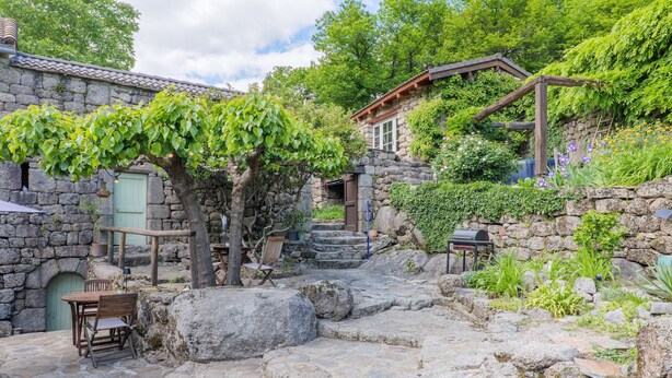 Un patio de piedra con una mesa y sillas de madera, una pérgola y un muro de piedra cubierto de plantas trepadoras.