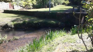 A clear stream with grass banks, a stone wall, and trees in the background. - Country House (Motorcyclists Welcome) 50 m from the Dordogne River (Beaulieu-sur-Dordogne)