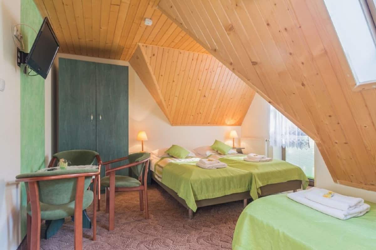 A room with a sloped ceiling, two beds with green bedding, a desk with a chair, and a television mounted on the wall.
