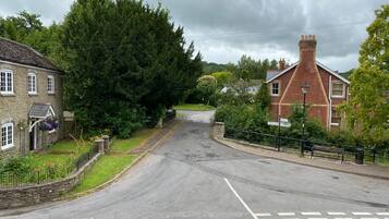 A quiet residential street with houses, a clear road, and a pedestrian crossing.