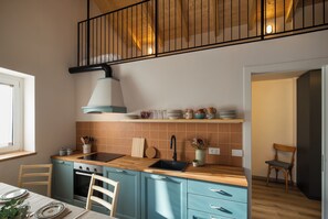 Fridge, oven, dishwasher, coffee/tea maker - Historic 1940s Watermill: A Designer Retreat in the Italian Alps (Cerete Basso)