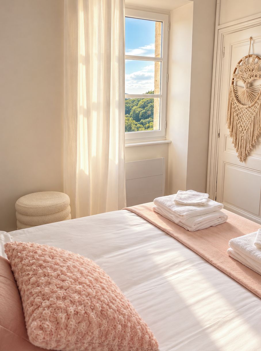 A bedroom with a bed, a window, a bedside table, and a wall-mounted decorative item.