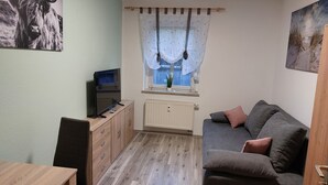 Pieni, viihtyisä huone, jossa on sohva, televisio, puinen kaappi ja ikkuna, jossa on verhot.