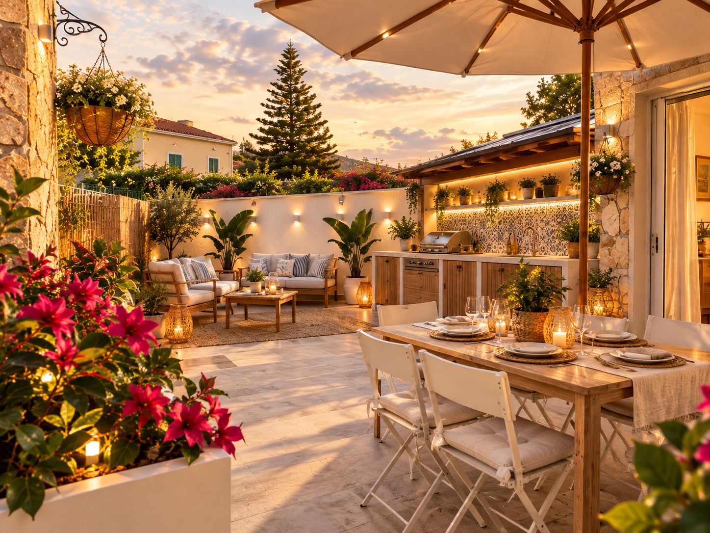 An outdoor patio area with a dining table set for two, surrounded by chairs, a hanging flower basket, and a large umbrella.