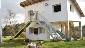 A white building with a staircase and a slide, goats in the foreground, and a fenced area.
