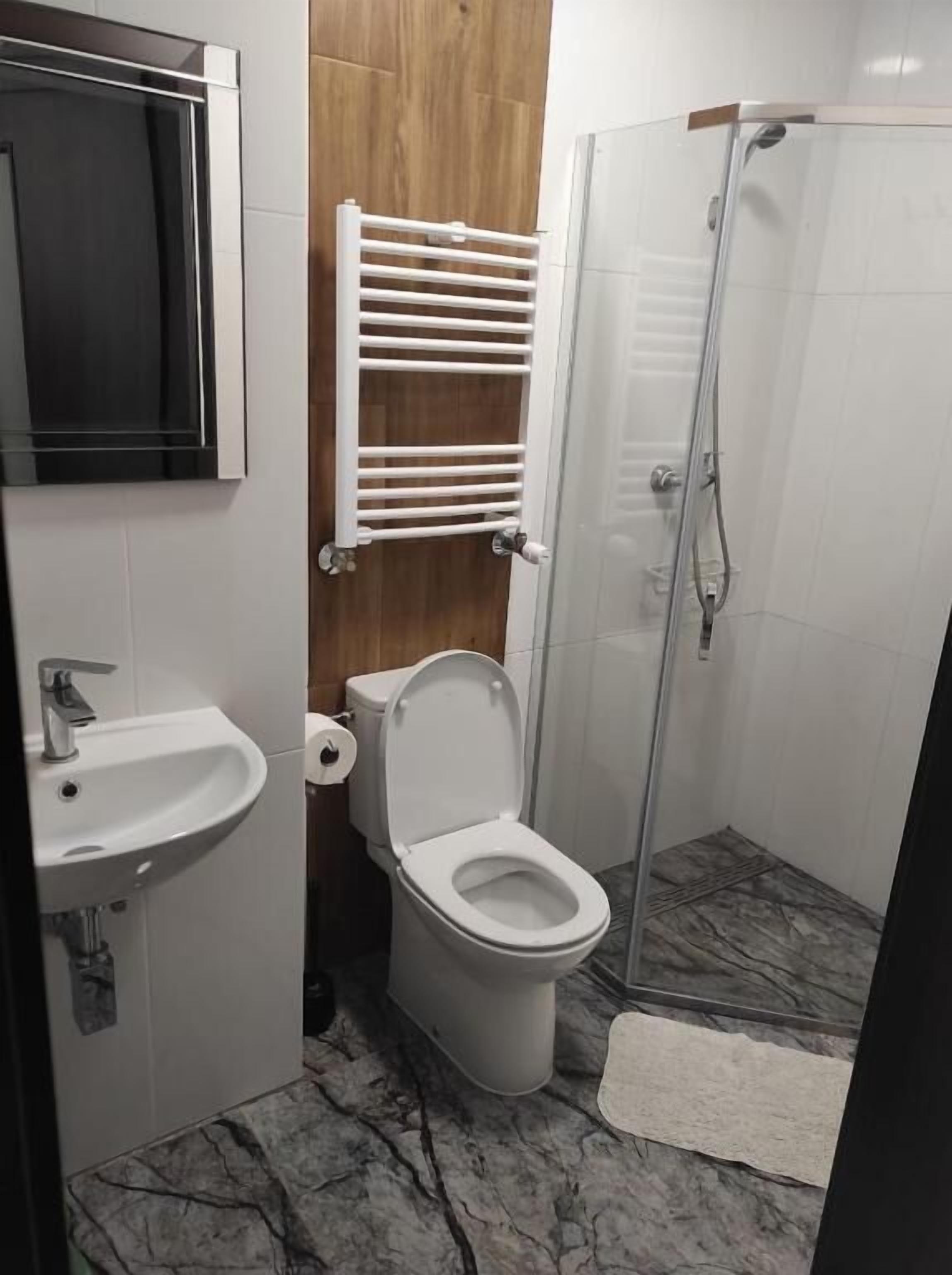Un baño con lavamanos, inodoro, ducha y un perchero para toallas.