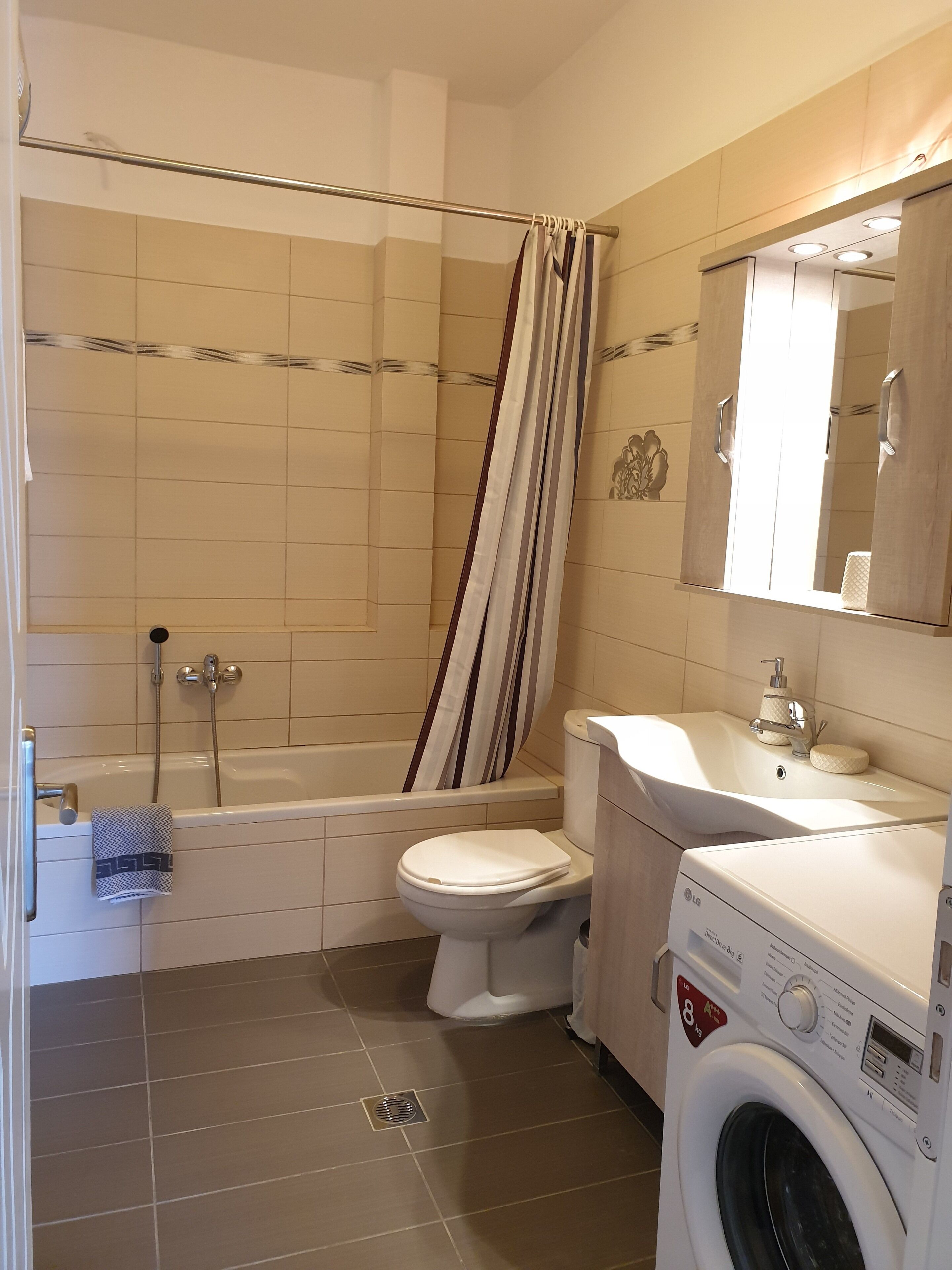 Hair dryer, towels, soap, toilet paper