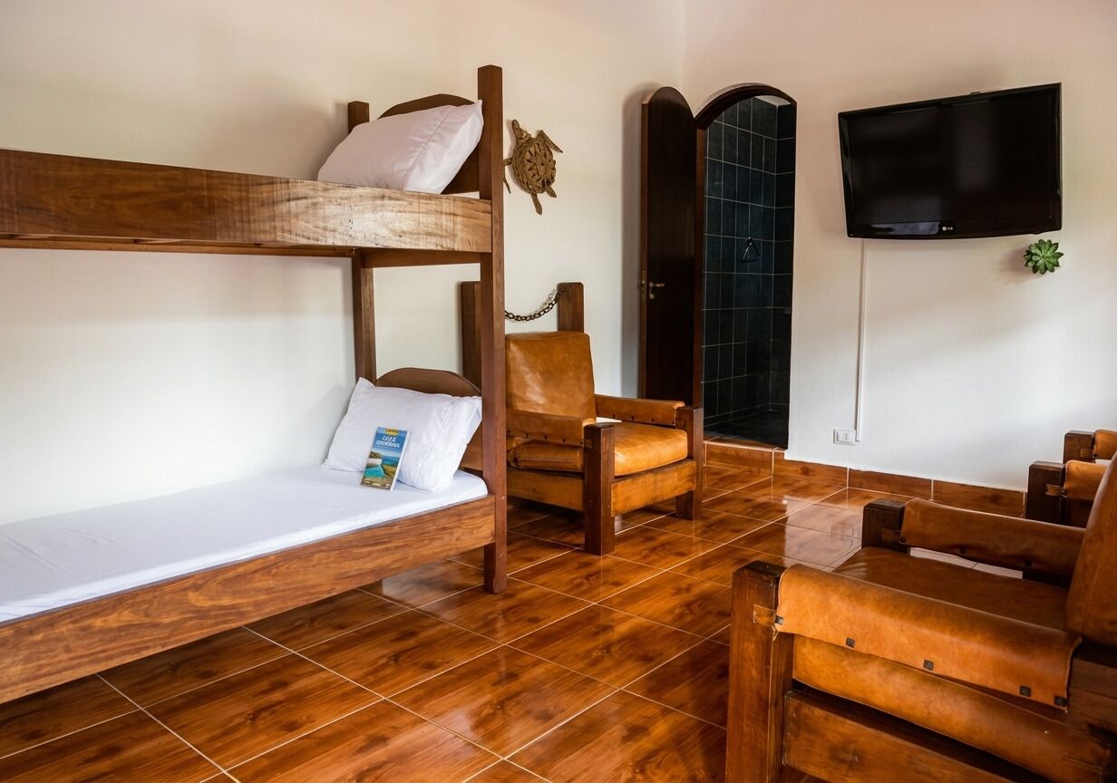 A room with a bunk bed, a wooden chair, a television, and a tiled floor.